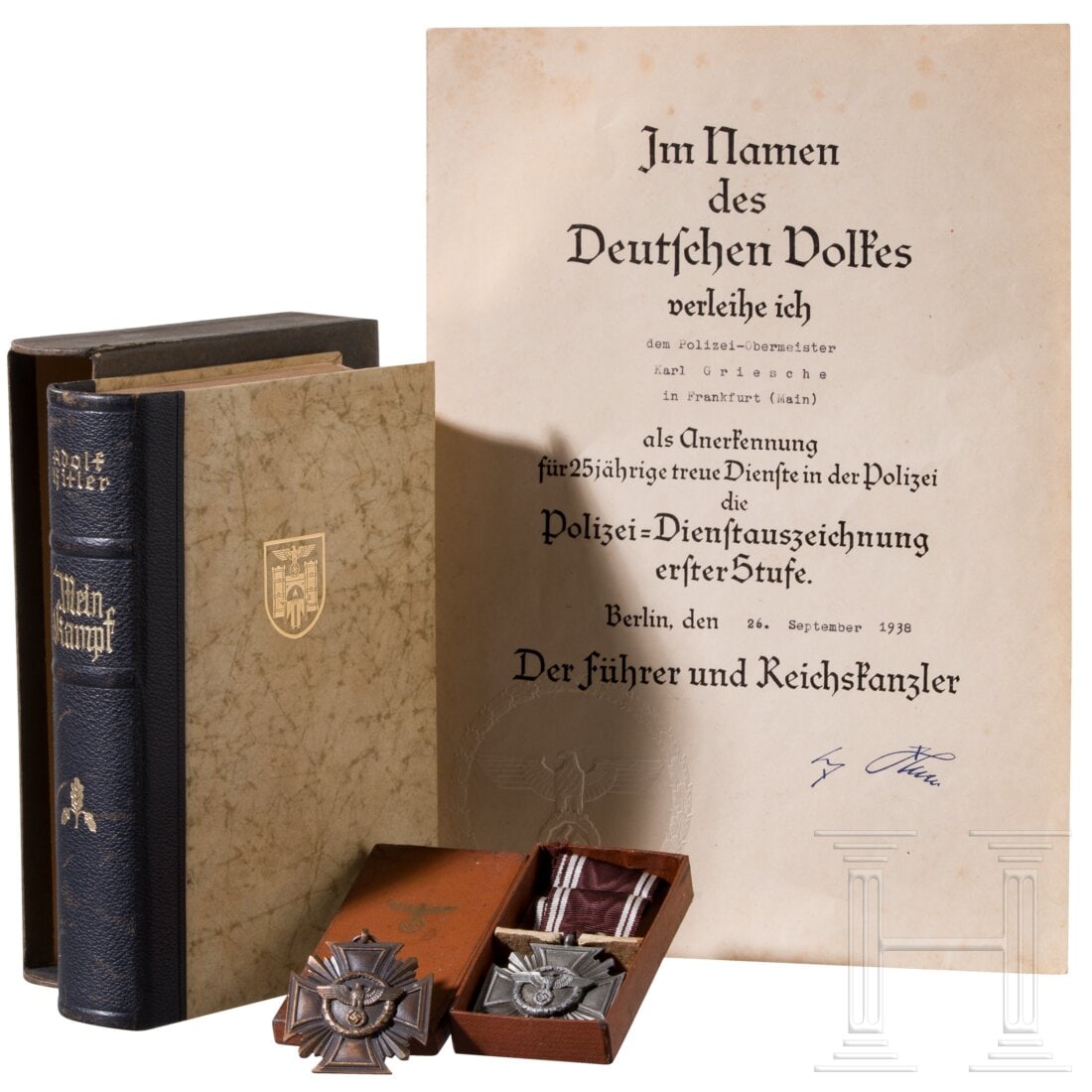 Two NSDAP Long Service Awards in Bronze, "Mein Kampf" with slipcase and a police award certificate: Two NSDAP Long Service Awards in Bronze, "Mein Kampf" with slipcase and a police award certificate"Mein Kampf", Hochzeitsausgabe von 1938 der Stadt München, im Schuber. Urkunde zur