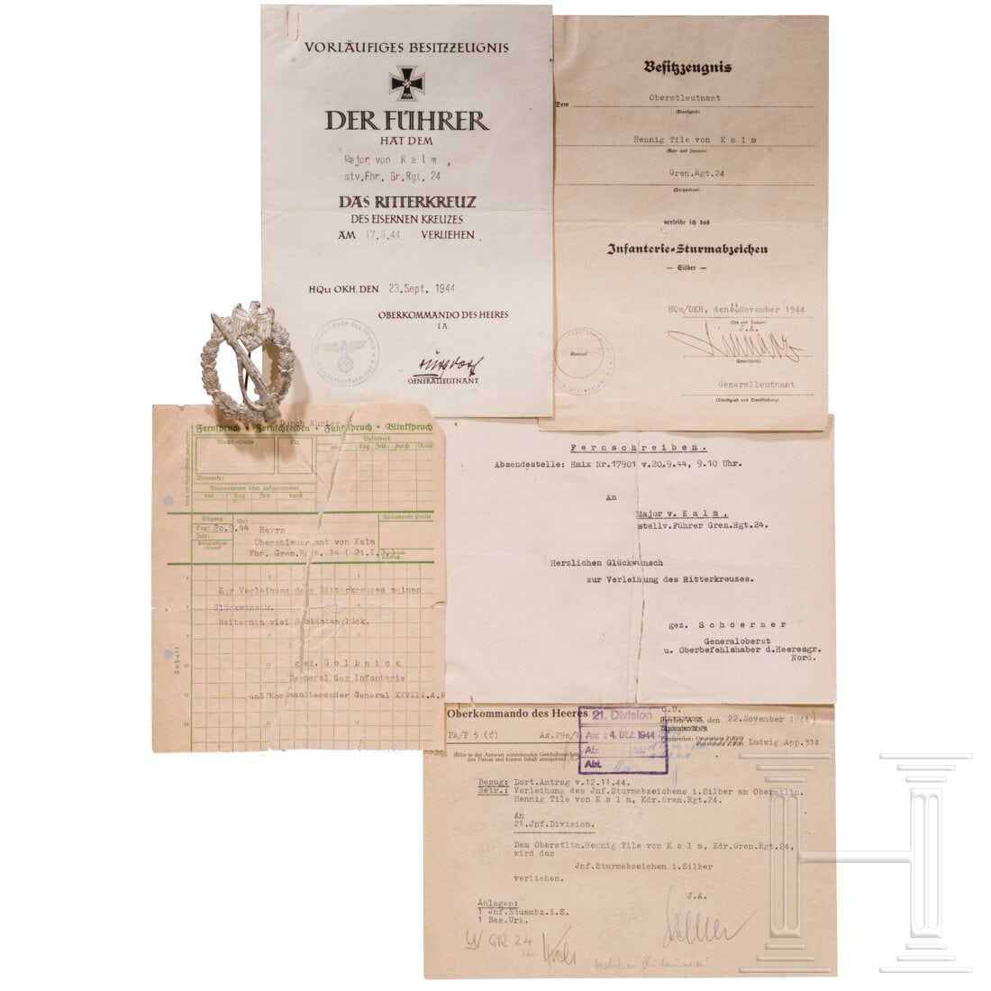 Hennig-Tile von Kalm - estate belonging to the Knight's Cross bearer: Hennig-Tile von Kalm - estate belonging to the Knight's Cross bearerPreliminary document to the Knight's Cross of the Iron Cross, awarded on 17 September 1944, issued on 23 September 1944, signed by