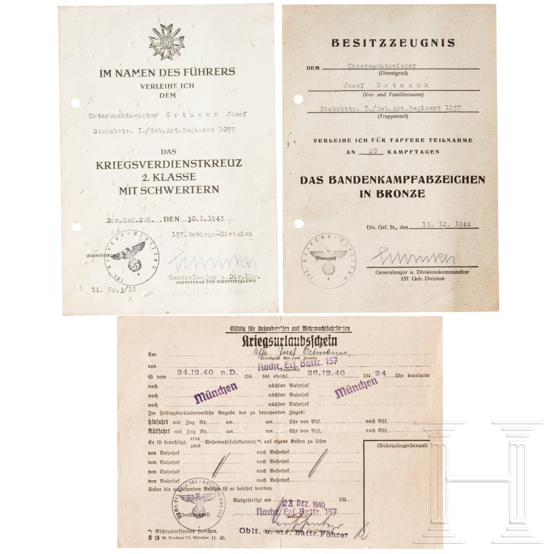 Document grouping of an Anti-Partisan Badge in Bronze winner: Document grouping of an Anti-Partisan Badge in Bronze winnerCertificate for the Anti-Partisan Badge in Bronze, a rare pre-printed form of the 157th Mountain Division, issued on December 15, 1944, to