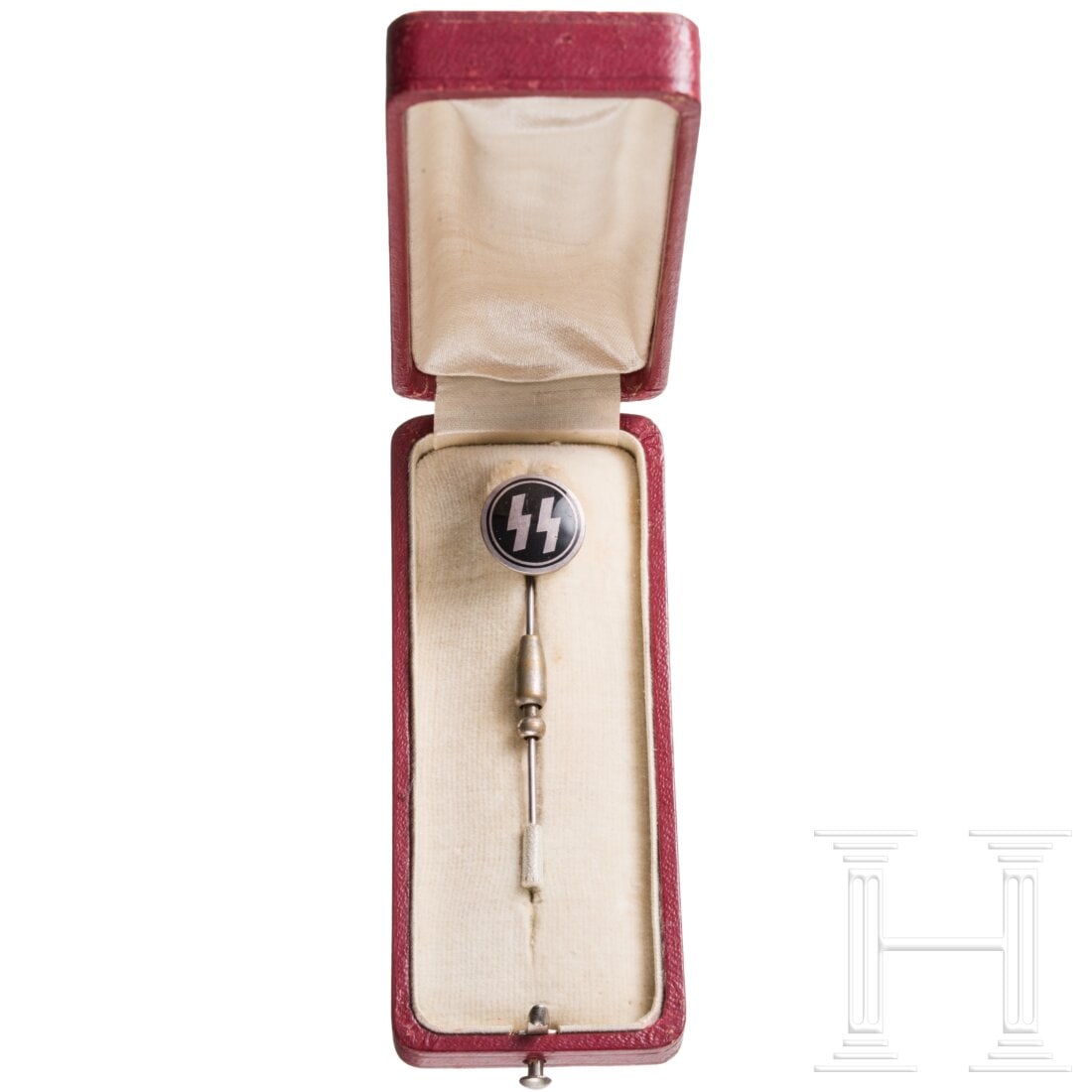 A large SS civilian badge in red presentation case, manufacturer Gahr: A large SS civilian badge in red presentation case, manufacturer GahrEnamelled in black, the runes in the centre, the silver hallmark "SILBER 900" and manufacturer's mark "Gahr München" on the back, 