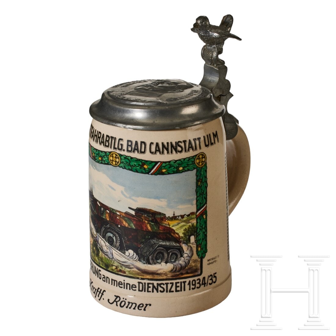 A stein commemorating the service of Kraftfahrer Römer of 2. Kompanie Kraftfahrabteilung in Bad: A stein commemorating the service of Kraftfahrer Römer of 2. Kompanie Kraftfahrabteilung in Bad Cannstatt Ulm, 1934-35Half-litre cream/off-white stein with the scene of an armored reconnaissance car 
