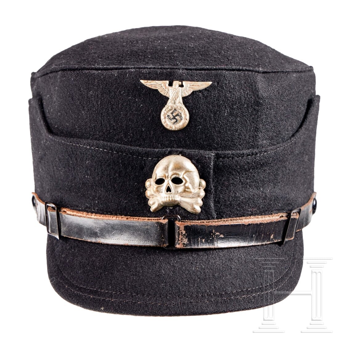 A Service Cap “Old Form?? 1929-1933 for SS: A Service Cap “Old Form” 1929-1933 for SSBlack wool body and visor, black woolen band, black leather chin strap with metal buckles attached with two black, smooth finish buttons. Silver finish