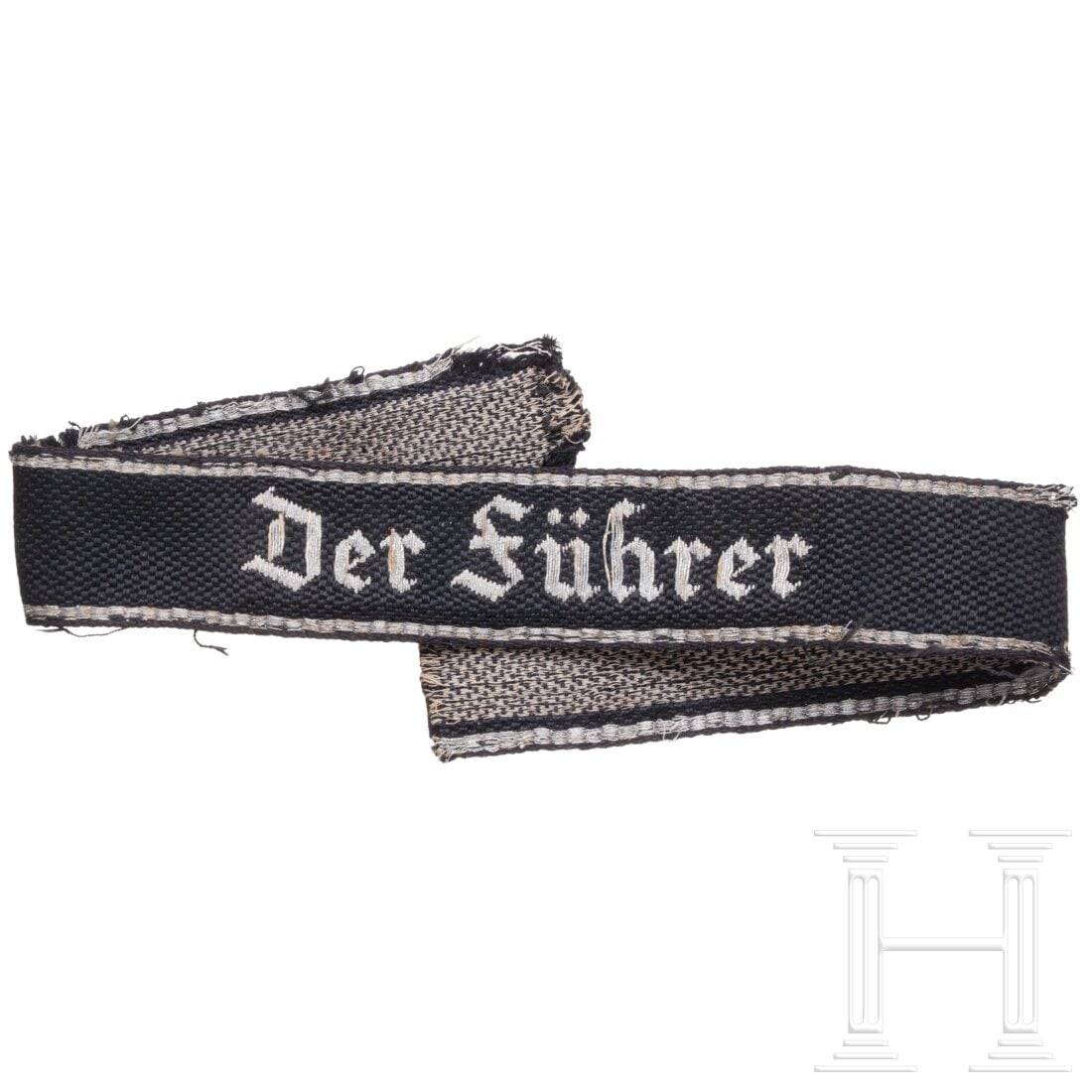 SS-Verfügungstruppe - an officer's cuff title "Der Führer": SS-Verfügungstruppe - an officer's cuff title "Der Führer"BeVo metal-thread woven version, Gothic script, length 37 cm, worn by officers in the SS Regiment 3 "Der Führer". Signs of age and wear.Con