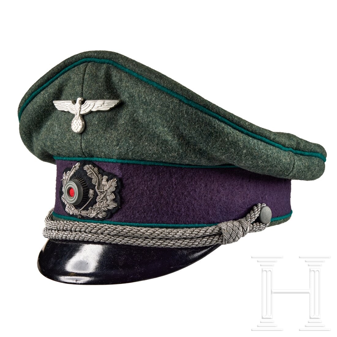 A Visor Cap for a Wehrmacht Official Officer: A Visor Cap for a Wehrmacht Official OfficerCap body in field-grey wool, grey cap band, dark green piping, silver-aluminum chin cords attached by two silver finished pebbled buttons. Silver-aluminum m