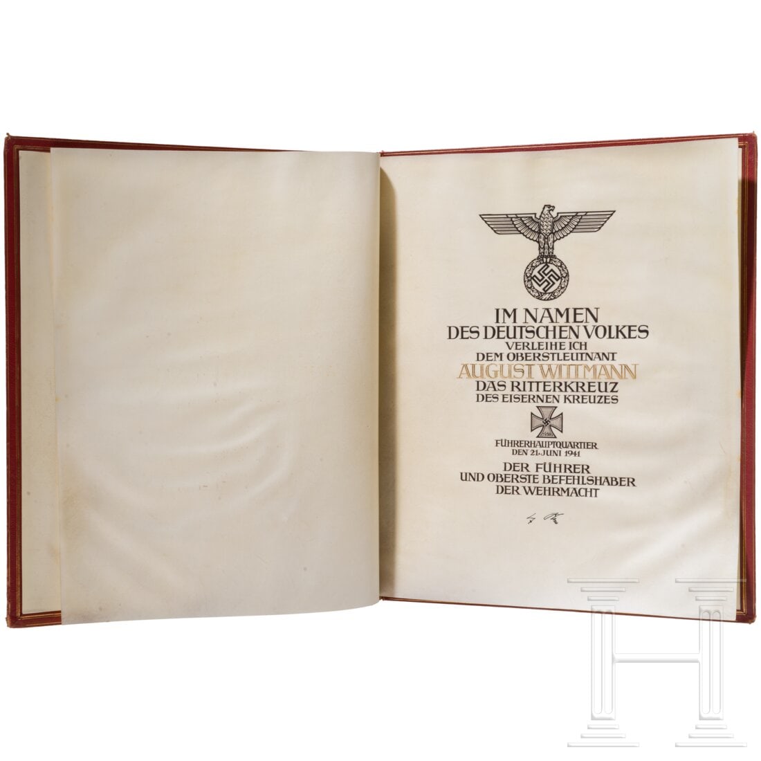 Generalleutnant August Wittmann - the large award document for the Knight's Cross of the Iron Cross,: Generalleutnant August Wittmann - the large award document for the Knight's Cross of the Iron Cross, with folderThe large, double-sided parchment document with a calligraphic national eagle and text, 