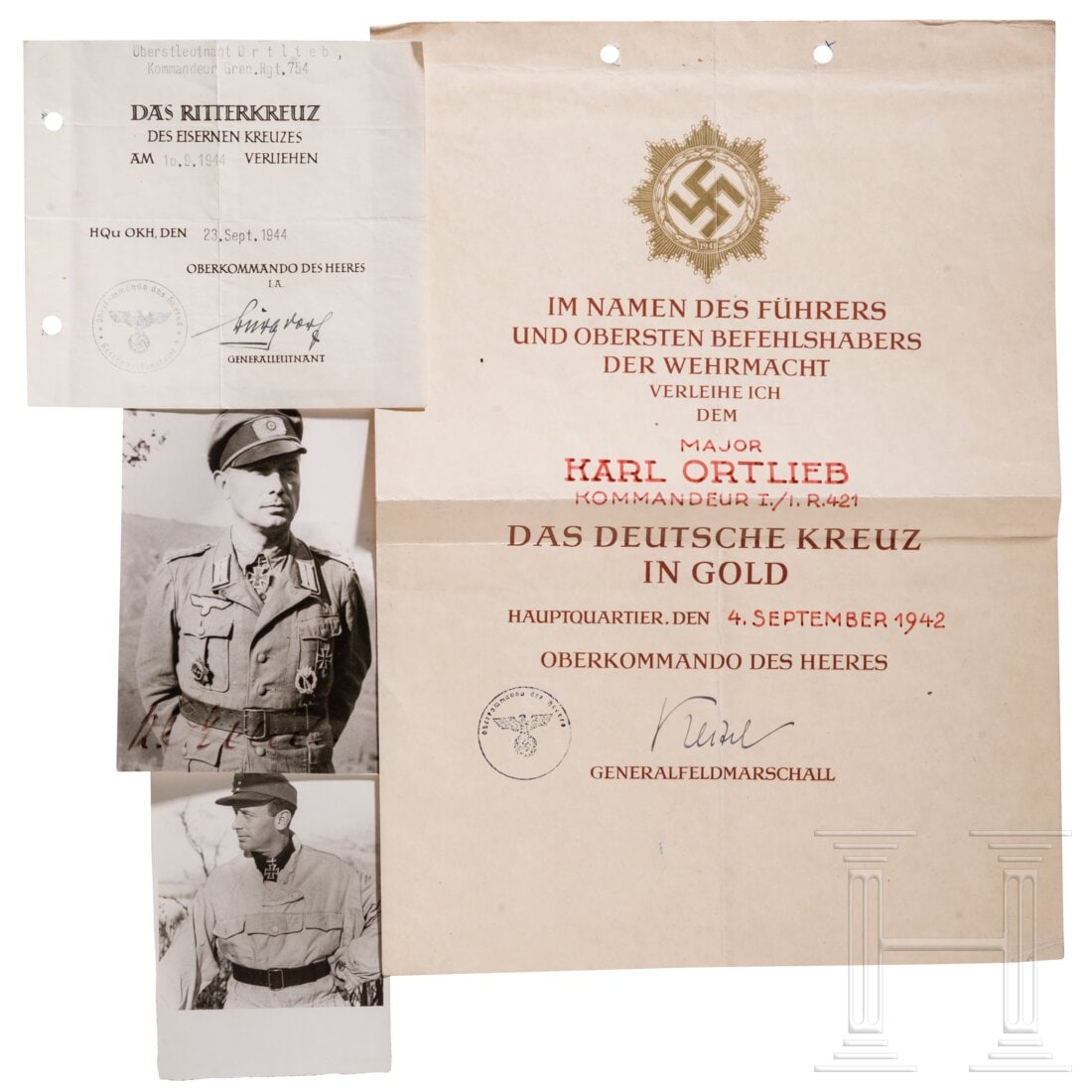 Oberst Karl Ortlieb - Remnants of the Knight's Cross certificate and his German Cross in Gold (1 of 3)