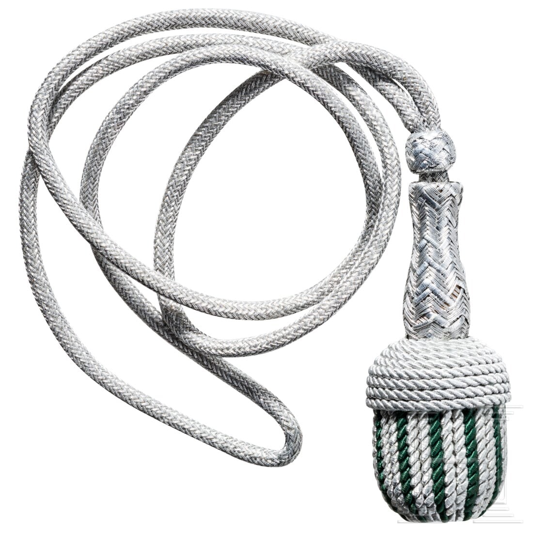 A portepee for the Customs Service dagger: A portepee for the Customs Service daggerPortepee aus silberfarbenen Aluminiumgespinst, die Eichel mit dunkelgrünen Durchzügen. Länge ca. 49 cm. Selten. Condition: II +
