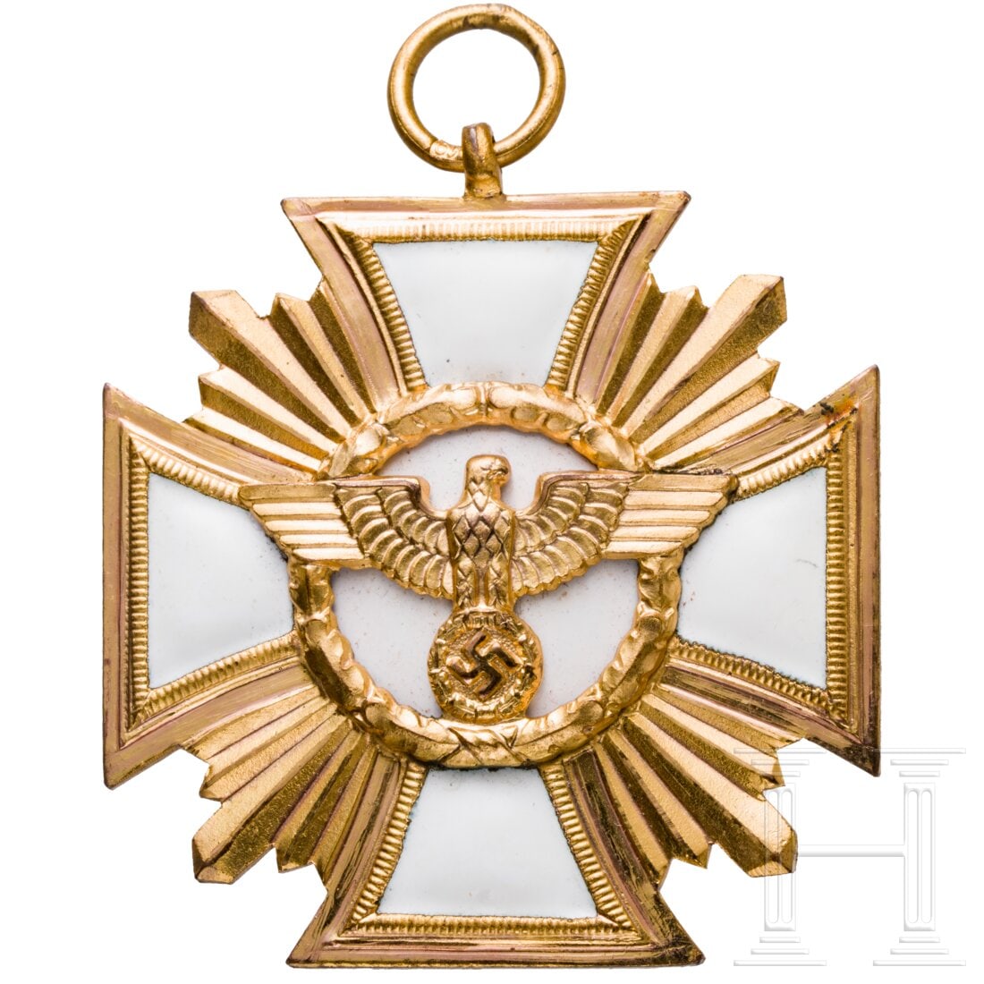 NSDAP member Kaffl - his NSDAP Long Service Award in Gold, manufacturer "19": NSDAP member Kaffl - his NSDAP Long Service Award in Gold, manufacturer "19"Gilt non-ferrous metal with polished edges, enamelled in white on both sides, no spalling. Manufacturer's mark "19" in the s