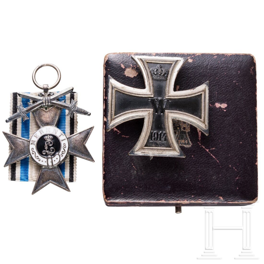 NSDAP member Kaffl - a cased 1914 Iron Cross 1st Class, and a Bavarian Military Merit Cross 2nd: NSDAP member Kaffl - a cased 1914 Iron Cross 1st Class, and a Bavarian Military Merit Cross 2nd Class with SwordsEisernes Kreuz 1. Klasse, dreiteilige Fertigung, nicht-magnetischer Kern, im Verleihung