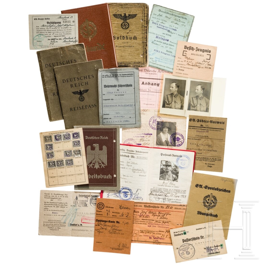 Documents of an SA Sturmführer: Documents of an SA Sturmführer Rotes Parteibuch vom 11.15.33 mit Passbild in Uniform und Beitragsmarken bis 1937 sowie Anhänge, Quittungskarten usw. SA-Führer-Ausweis, Urkundenbuch zum Sportabzeich