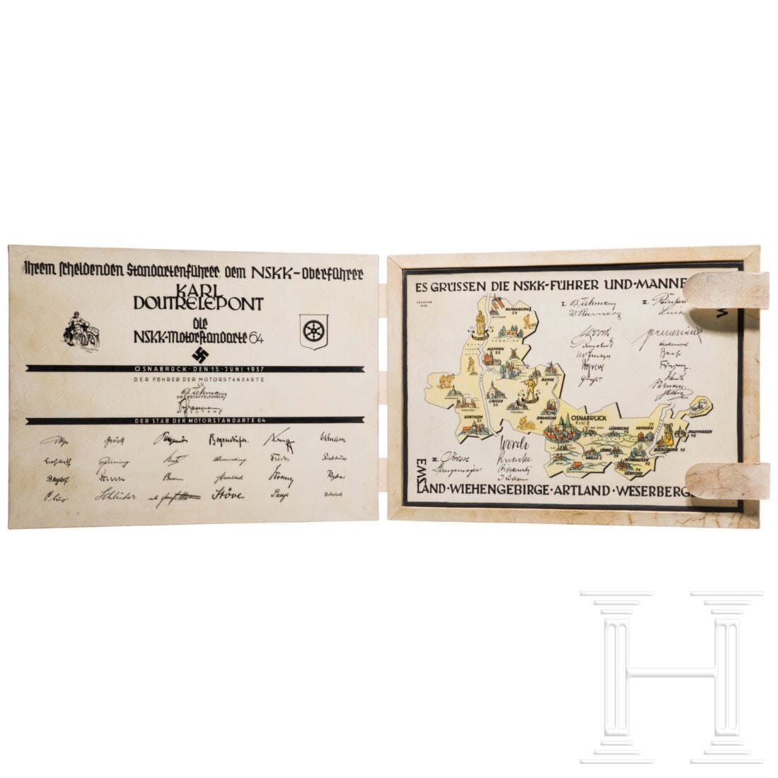 NSKK-Oberführer Karl Doutrelepont - honorary gift of the NSKK-Motorstandarte 64: NSKK-Oberführer Karl Doutrelepont - honorary gift of the NSKK-Motorstandarte 64Handgefertigte Mappe aus Holz, eingefasst mit Schweinsleder, die Mappe zum Aufklappen, an der Seite zwei Laschen zum Ver