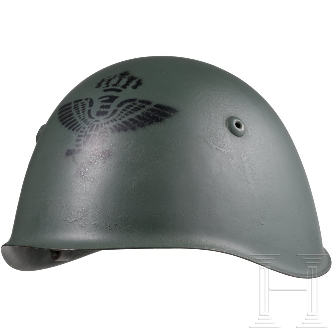 A M 33 helmet of a general on the General Staff: A M 33 helmet of a general on the General StaffField-grey painted shell with black stenciled emblem and three ventilation rivets, stamped "SRM" at the nape of the neck. Light brown leather lining with