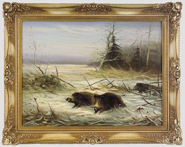 Professor Manfred Schatz (1925-2004),: Wildschweine in Winterlandschaft. Öl auf Leinwand und Keilrahmen, um 1960/70. Drei Wildschweine traversieren eine karge, verschneite Lichtung. Rechts unten signiert "Schatz". In vergoldetem Rahmen. B