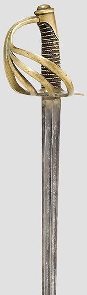 Pallasch: in der Art des Modells 1845. Gerade, beidseitig doppelt gekehlte Rückenklinge, Ort in der Rückenlinie, quartseitig Herstellerbezeichnung "Kirschbaum, Solingen", fleckig. Messingbügelgefäß, belede