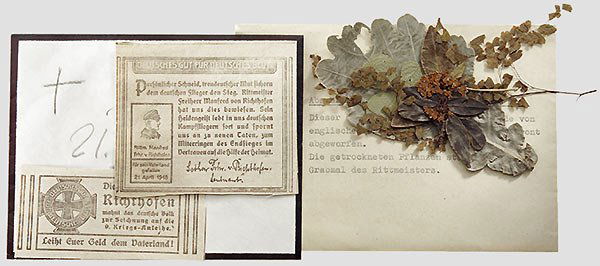 Manfred von Richthofen.: Zeitgenössische Abschrift der Meldung von Richthofens Tod, abgeworfen von englischen Fliegern über der deutschen Front: "To The German Flying Corps. Rittmeister Baron Manfried von Richthofen was kil