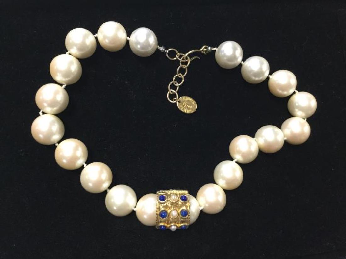 Erwin Pearl Costume Necklace: Beautiful Jumbo Pearl Costume Erwin Pearl Necklace with attached Slider showcasing blue and white pearls on a gold band.Measures about 18"" long with a 2 ½"" drop.