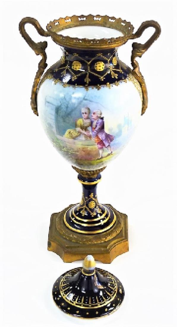 SEVRES STYLE H/P COBALT BLUE PORCELAIN LIDDED URN (1 of 4)
