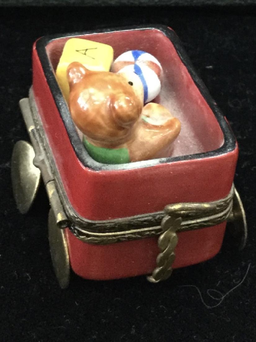 Vintage Limoges Wagon with Teddy Bear Box: "Peint mainLimoges FranceEximious1 3/4"" H"