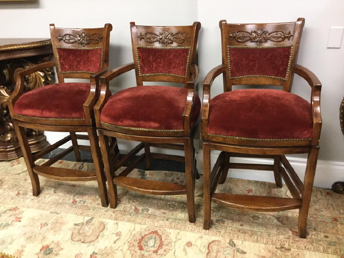 3 Wood and Red Velvet Tuscan Barstools (1 of 1)