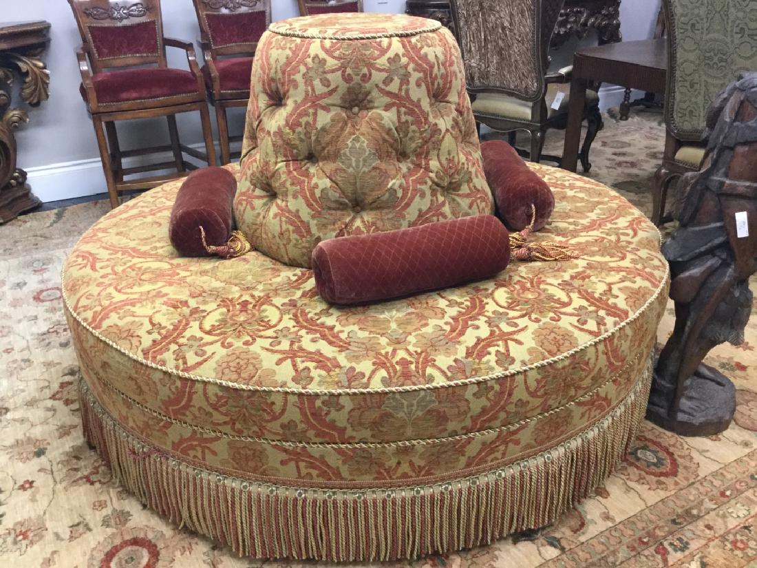 Elegant Round Floral Settee: Beautiful round floral Settee in gold and wine. Includes wine tassel pillows6’ D43” H