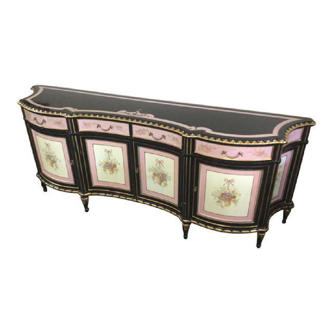 Mid-20th Century Louis XV Inspired Painted Sidebrd: This is a Lois XV inspired sideboard with floral motif and gilded accents. The flute legs are accented with gilded acanthus motifs.Measurements: 92.5"W × 20"D × 35.5"H