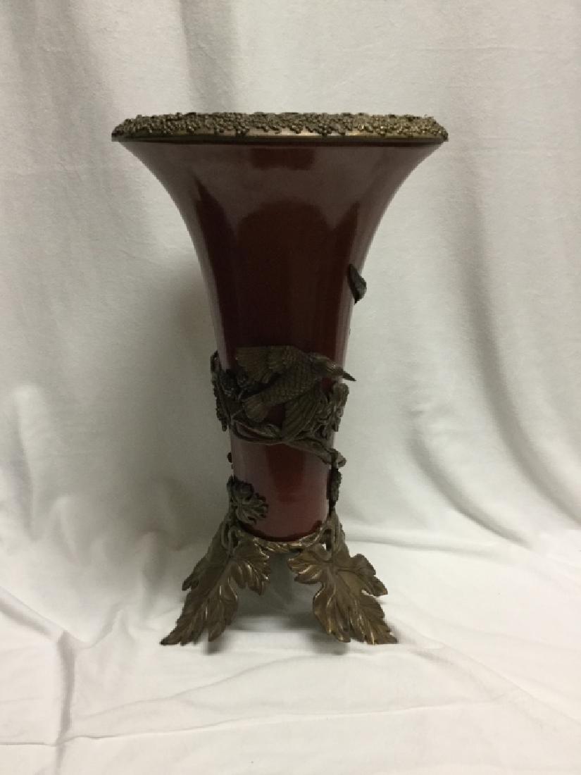 Vintage Castilian Porcelain w/ Bronze Accents Vase: This is a rare beautiful vintage Castilian rare rust colored porcelain centerpiece vase. Features bronze accents and footed base in the form of birds and leaves in gorgeous fashion. A rare estate find