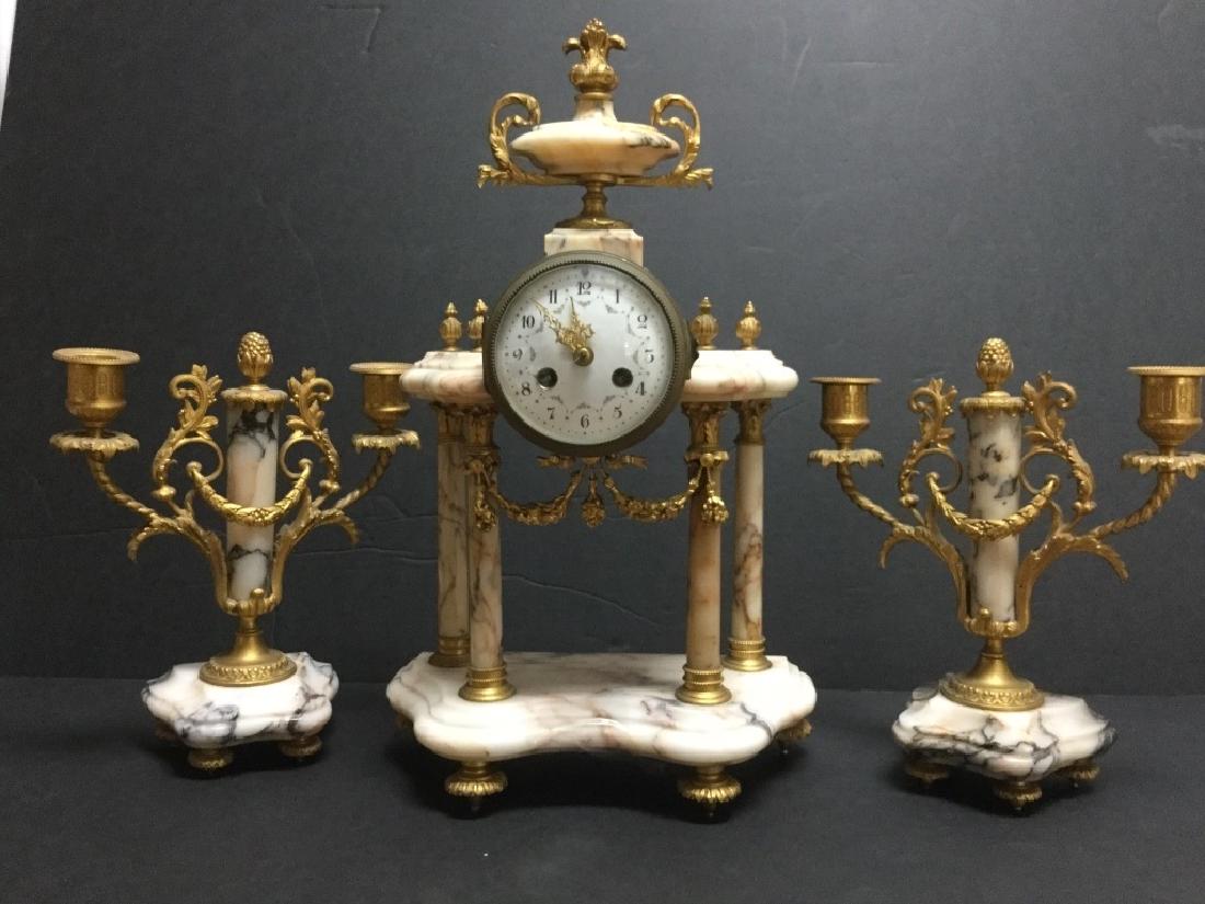 GOLD GILT MARBLE CLOCK & CANDLE SET (1 of 3)