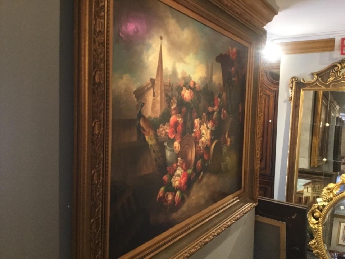 Still Life with Flowers Original Oil Painting: Signed original oil painting in the style of the old masters depicting a large still life set up with flowers, fruit and pottery with a distant landscape including architecture in the background. Meas