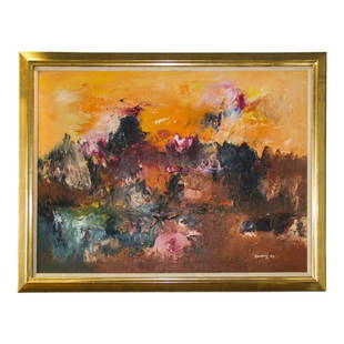 ABSTRACT OIL ON CANVAS BY RALPH ROSENBERG: Ralph M. Rosenborg (American, 1913-1992) is best known for his moody abstract oil and watercolor paintings. A highly personal artist inclined towards interpreting nature rather than the geometric form