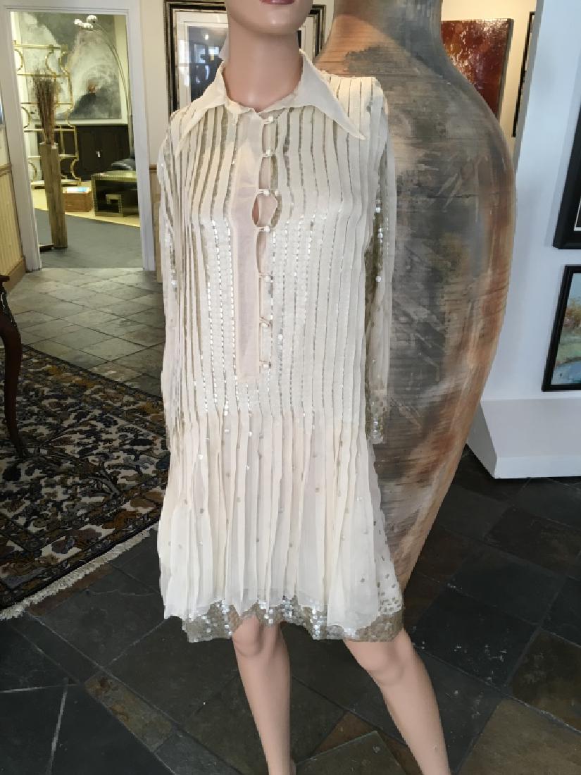 ROBERTO CAVALLI SILK SEQUIN COCKTAIL DRESS S 40: Stunning runway champagne colored Roberto Cavalli silk pleated sequin decorated cocktail dress. Size 40 on tag, fits a size small lady. Excellent preowned condition. New with Tags $3800Born on 15th No