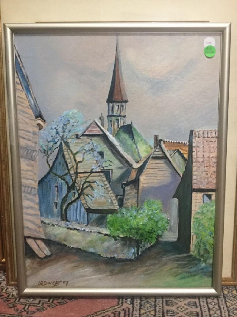 OIL PAINTING FRAMED OLD VILLAGE CHURCH SCENE 14X18: Good condition, sold as pictured.