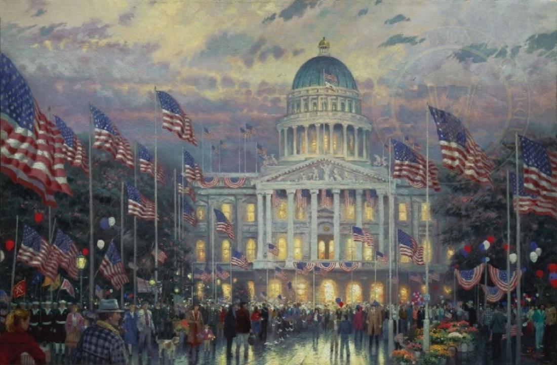 THOMAS KINKADE "FLAGS OVER THE CAPITOL": Title: Flags Over The CapitolPainted: 1991Published: 1991Style: LuminismArtist: Thomas Kinkade Subject Location: Sacramento, CaliforniaLimited Edition: Sold OutMeasurement: 17.5"H x 27"W site, 27.5"H