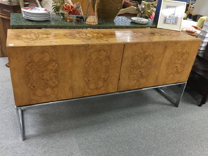 MID MOD MILO BAUGHMAN BURLWOOD CHROME CONSOLE: Beautiful Milo Baughman sideboard in Burlwood with chrome trim and base stand. Buffet cabinet style openings. MEASUREMENTS: 72" wide X 18" deep x 34" tall.