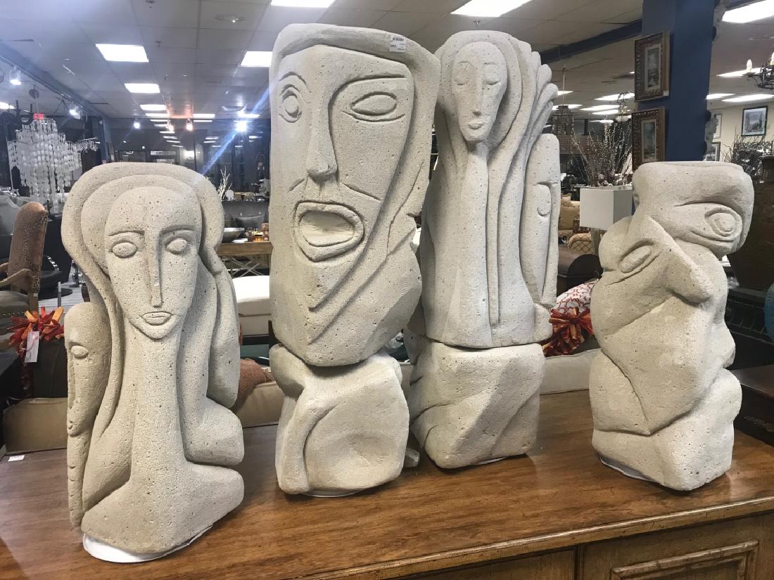 4 LARGE STONE COMPOSITE CUBIST FACE ART STATUES (1 of 4)