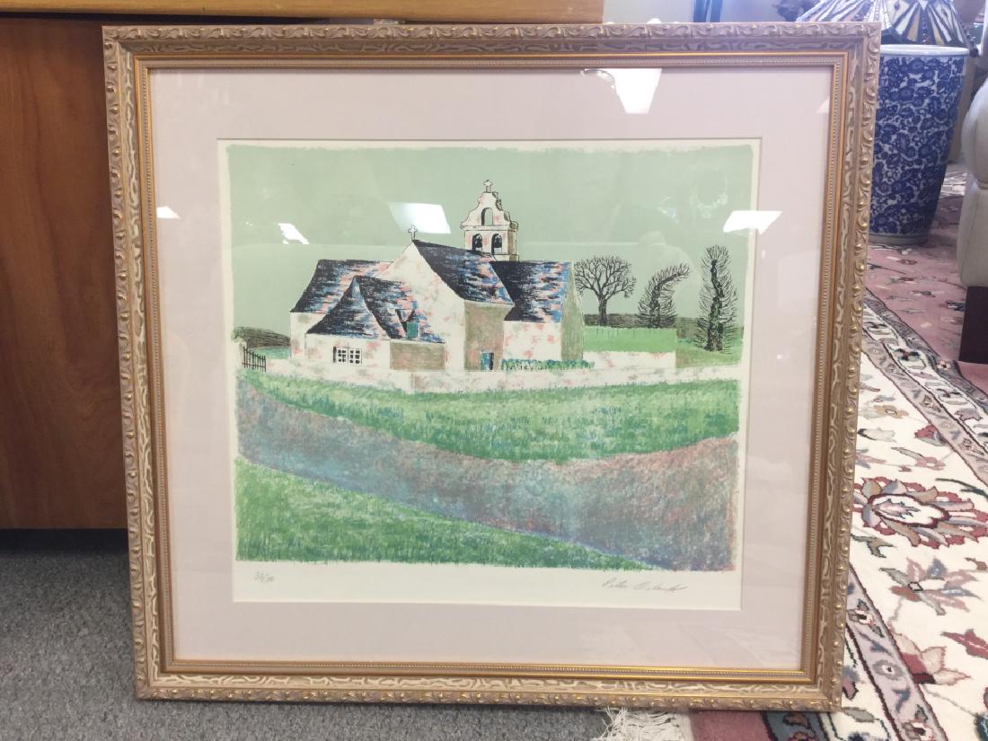 PETER ORLANDO NUMBERED/SIGNED CHURCH LANDSCAPE: Peter Orlando signed and numbered Church In Landscape. Numbered 38/50 limited edition lithograph. Framed professionally. Measures 23.5" x 23.5" in size included the framework. Excellent condition on p