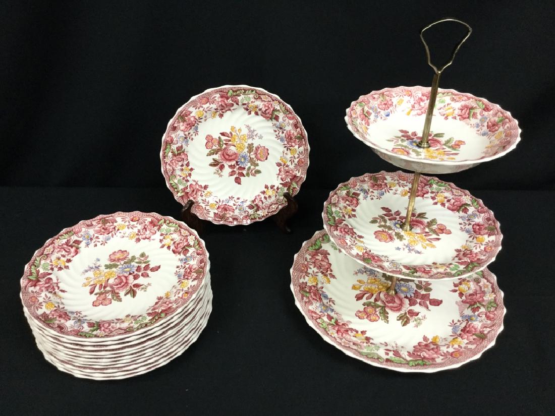 LOT OF SPODES BOUQUET TEA PLATES & 3 TIER SERVER (1 of 7)