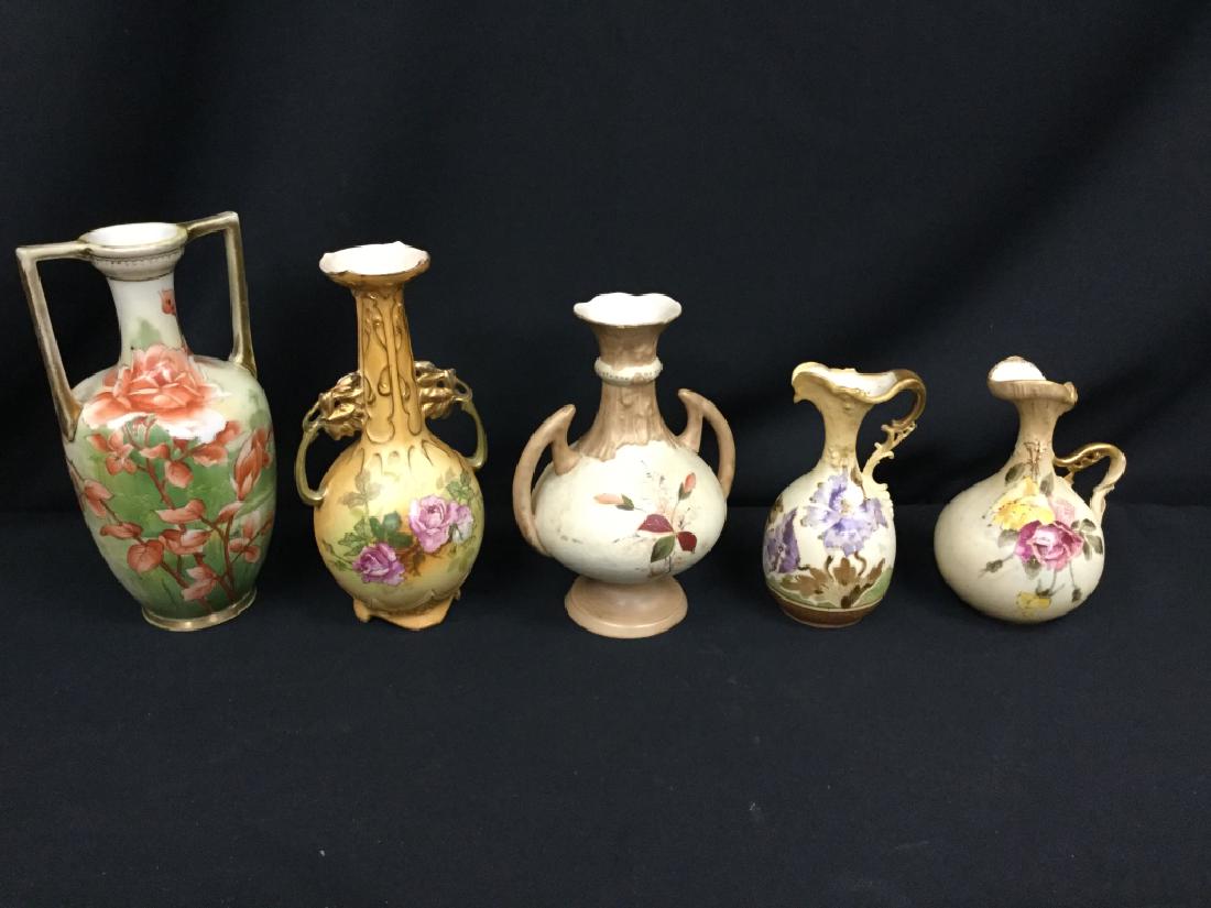 5 AUSTRIAN BOHEMIA LIEHTENSTEIN NIPPON VASES FLRL: Lot of 5 beautiful floral vases. Bohemia, Lieghtenstein, Nippon vases included. Includes (in order of photos) 10" floral vase 9" floral vase 8" floral vase 6.5" floral vase 6.5" floral vase All as pic