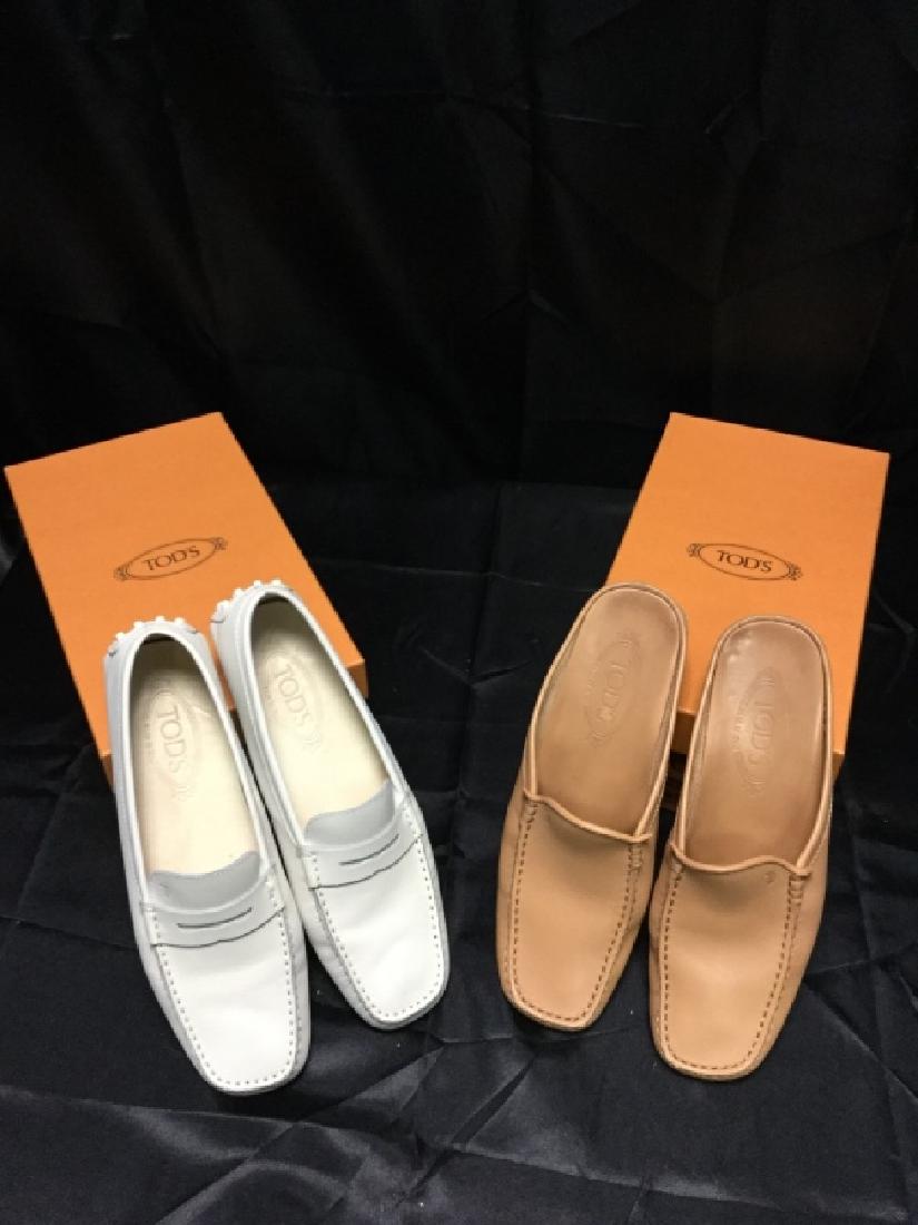 2 TODS LOAFERS MULES SHOES GRAY & LT BROWN 39.5: Lot of 2 total Tod's designer loafers/mules! Fabulous quality, super comfortable and EXCELLENT used condition. Size 39.5 on each shoe. In original boxes as shown.