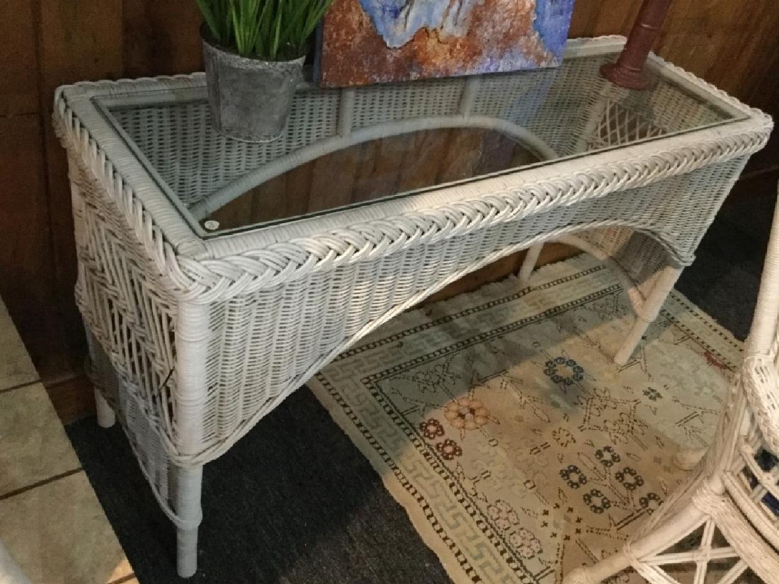 COASTAL FLA GLASS TOP WHITE WICKER CONSOLE TABLE (1 of 2)