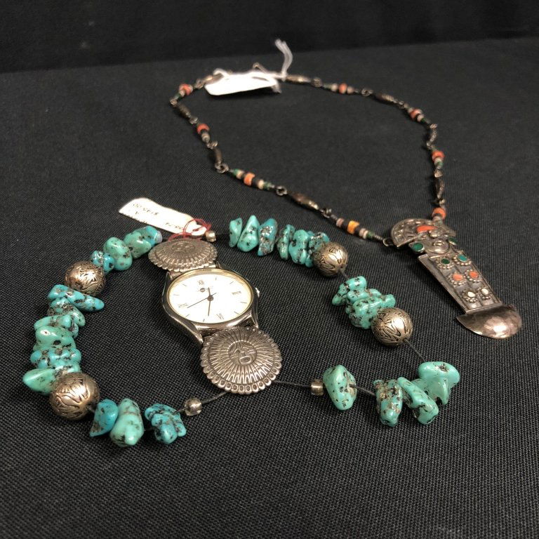 2PC TURQUOISE STERLING BRACELET & NECKLACE WITH STONES (1 of 13)