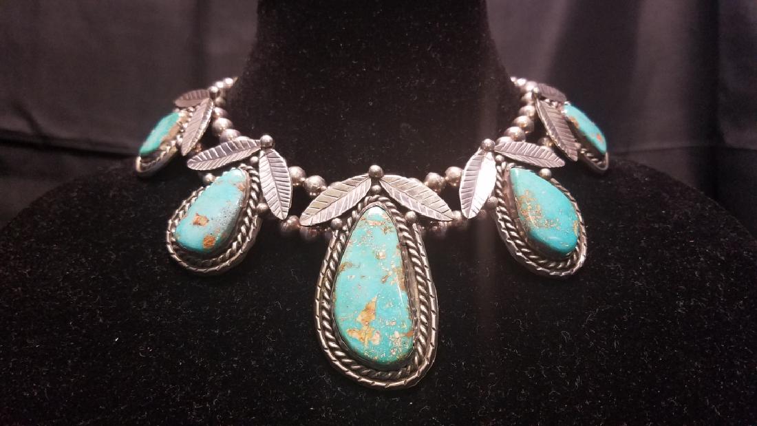 NAVAJO TURQUOISE STERLING LEAF BLOSSOM NECKLACE (1 of 6)
