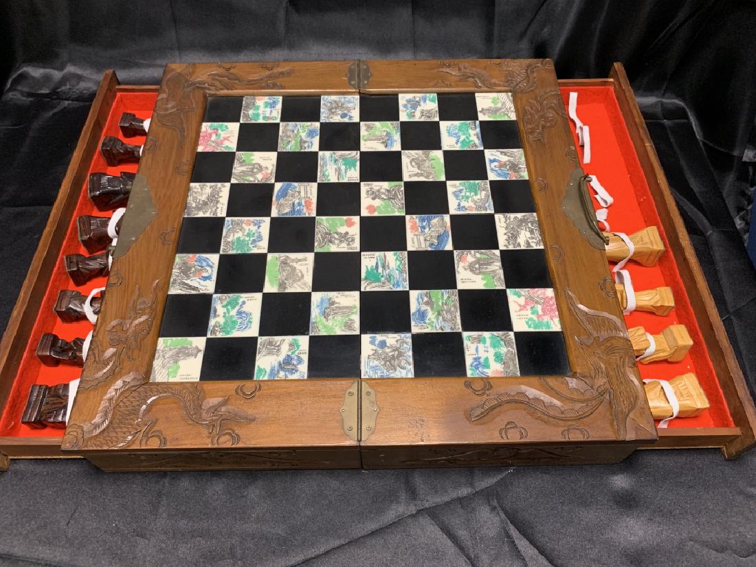 CHINESE CHESS SET INLAID TILE DRAGON WOOD CASE (1 of 14)