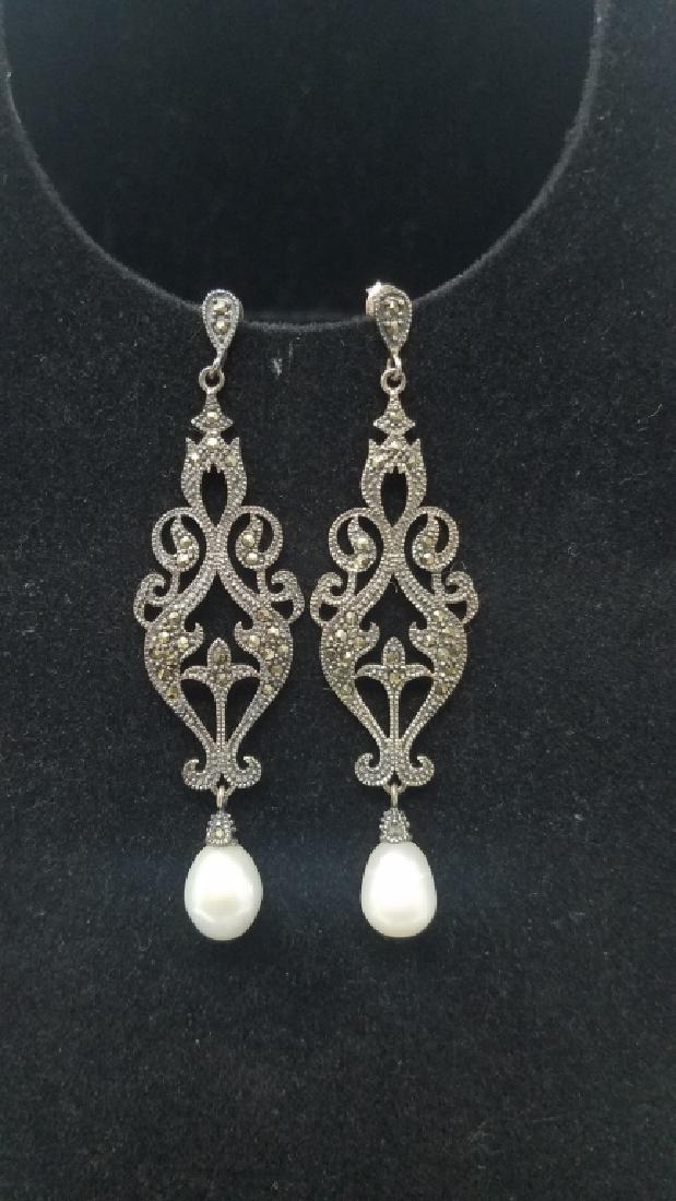 VINTAGE MARCASITE STERLING PEARL DROP EARRINGS (1 of 8)