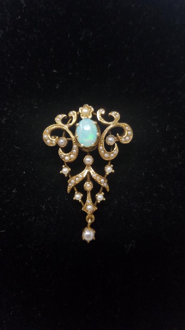 14KT GOLD AFRICAN OPAL & SEED PEARL PENDANT (1 of 5)