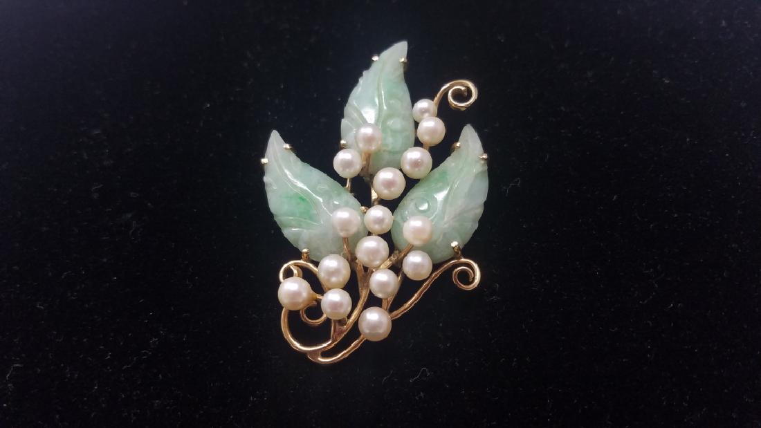 VINTAGE JADEITE 14K GOLD & PEARL LEAF BROOCH PIN (1 of 8)