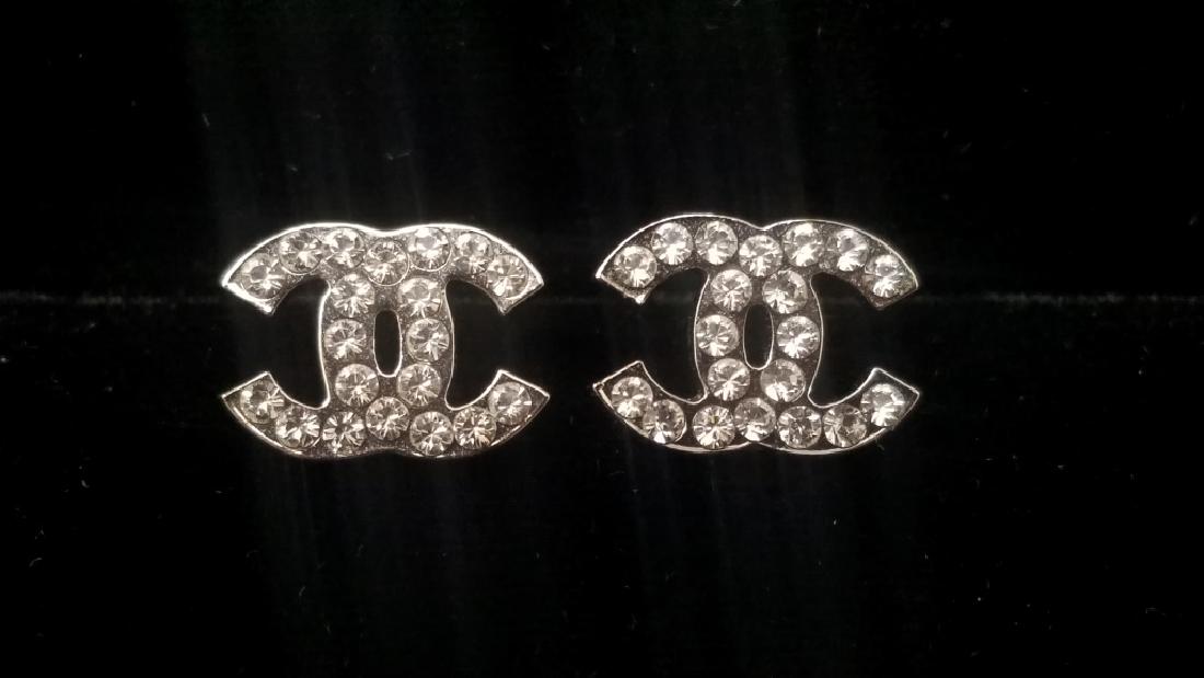 CHANEL CC LOGO CRYSTAL STUD EARRINGS SIGNED @ (1 of 12)