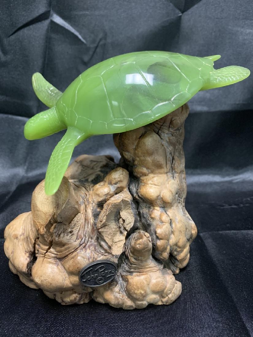 JOHN PERRY CARVED JADE TURTLE SWIMMING STATUE: John Perry Turtle Statue. Jade carved turtle on driftwood base appearance to be underwater swimming. In great condition and about 8" tall. See pictures.