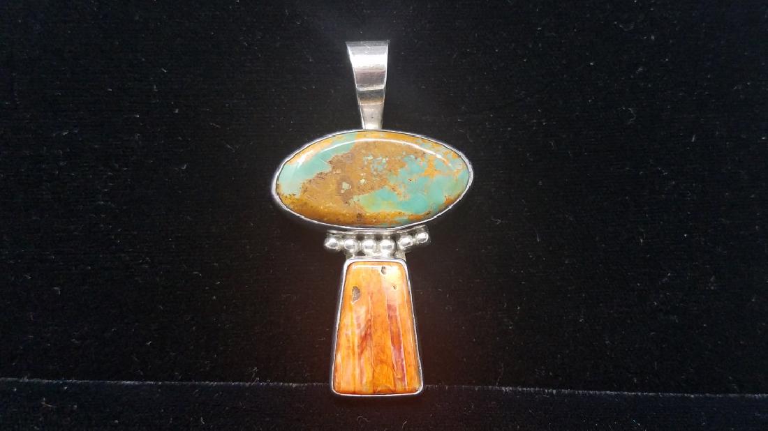 SIGNED NAVAJO TURQUOISE & CORAL SS PENDANT (1 of 9)