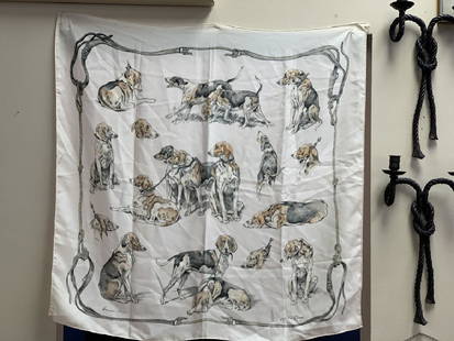 VINTAGE HERMES X D PORET HUNTING DOG SILK SCARF: Large vintage silk scarf from Hermes. Designed by Xavier De Poret, this piece features a hunting dog in various stages of action. Beautifully wrought in soft beige & creams with rope & leash