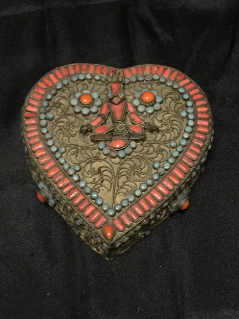 VINTAGE STERLING SILVER CORAL TURQUOISE HEART BOX: Adorable vintage sterling silver box in a heart shape. Some signs of use and wear, a few stones missing here or there, but overall good vintage condition. A bit over 4" long and weighs 146.0 grams tot